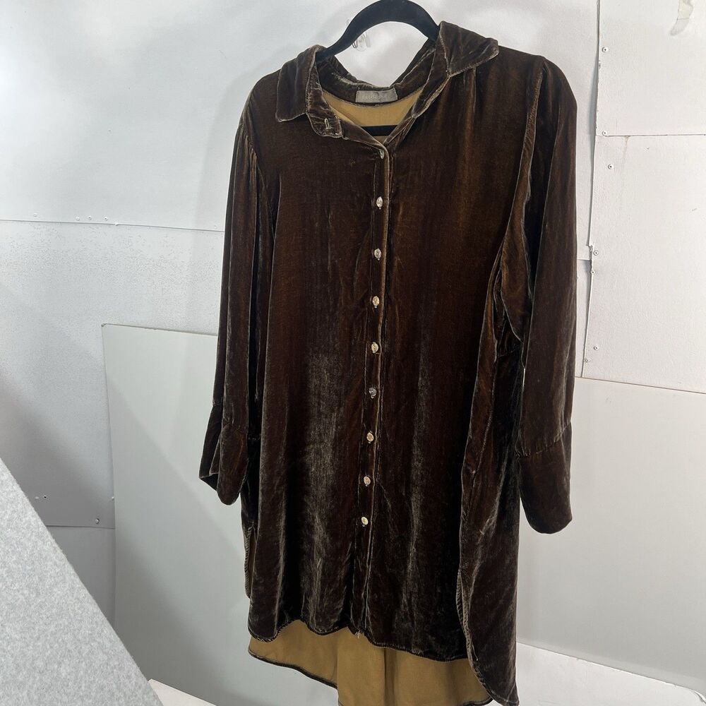 Cut Loose Velvet Easy Shirt Tunic Top Large Brown Silk Rayon Button lagenlook - Picture 6 of 13